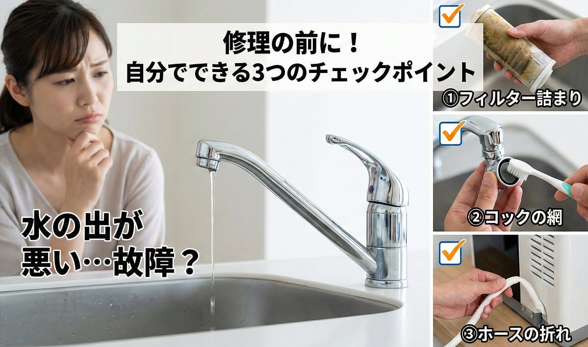 水の出が悪い・故障?修理の前に確認すべき3つの原因(フィルター詰まり、コックの網、ホースの折れ)
